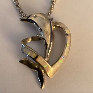 Vintage white opal and 925 sterling heart and 925 Dolphin Necklace